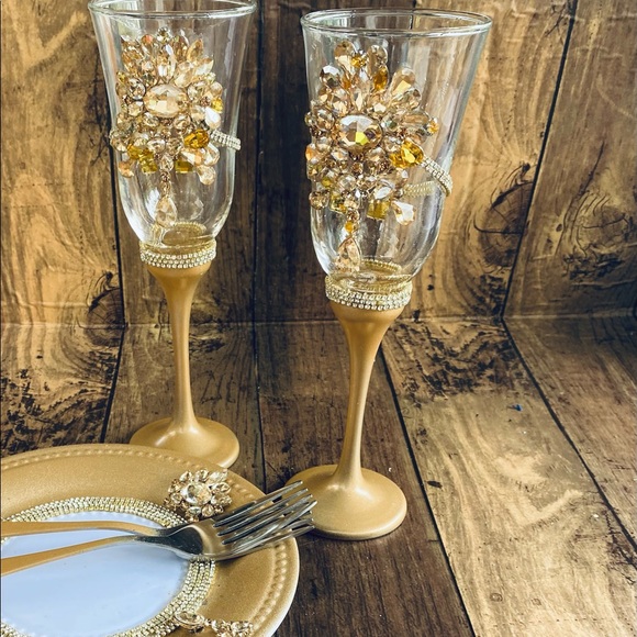 Gold crystalchampagne flutes forks cake plate - Picture 5 of 8